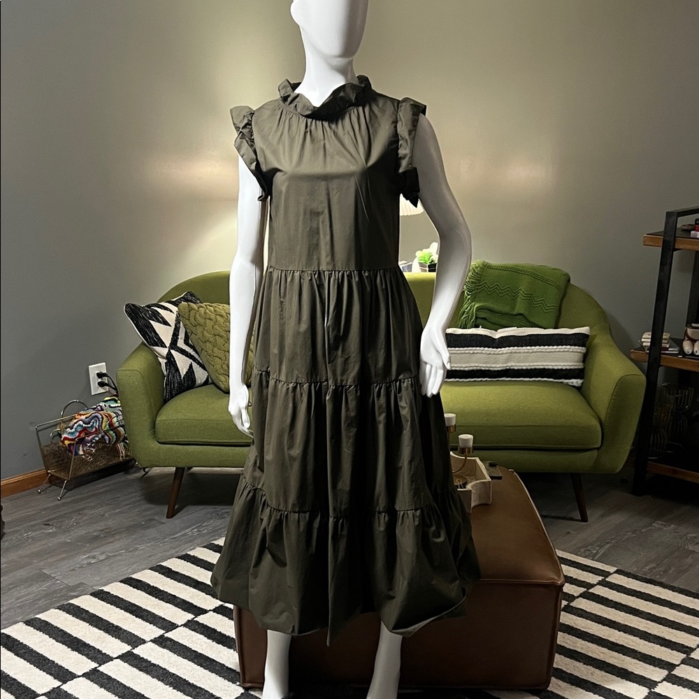 Elegant Olive Midi Dress with Ruffle Accents